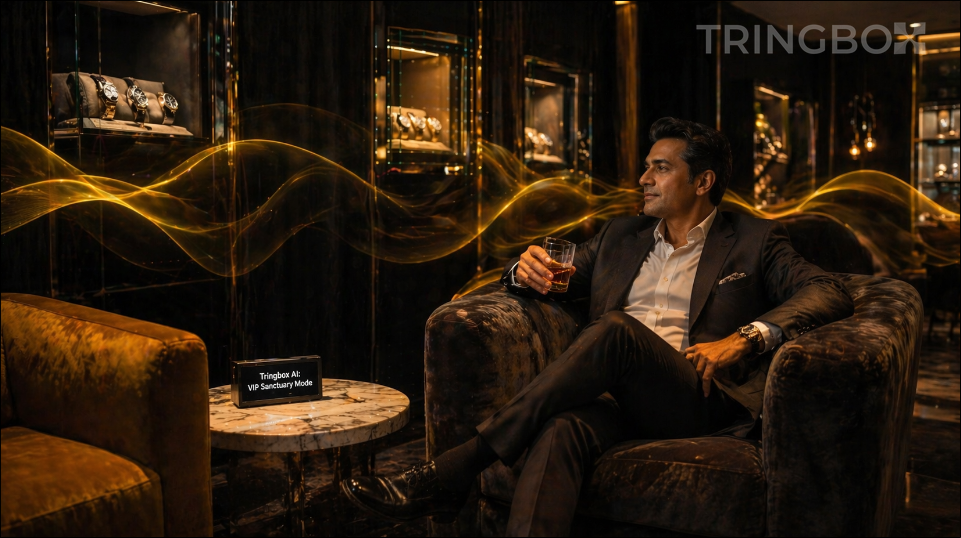 A high-end 2026 luxury lounge where shimmering golden AI sound waves visually represent the premium, stadium-grade atmosphere management of Tringbox.